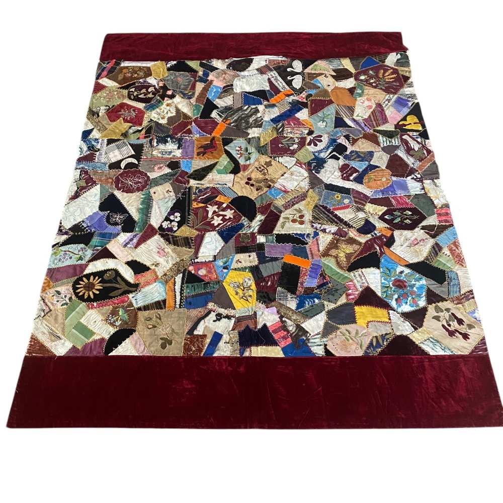 Antique Victorian Crazy Quilt Hand Embroidered Silk Velvet Patchwork Red Damaged
